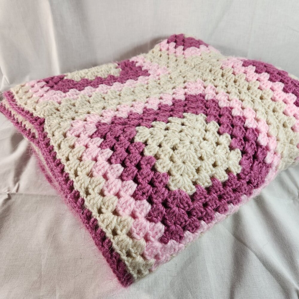 Granny Blanket Crochet Pink White Squares Color Hand Made 70 in x 58 in FastShip - Picture 7 of 8